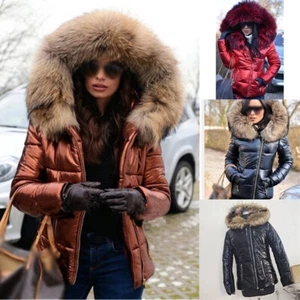 Hooded Thick Coat Wet Look Women's Padded Jacket Quilted Puffer Fur Black Shiny - Picture 1 of 12