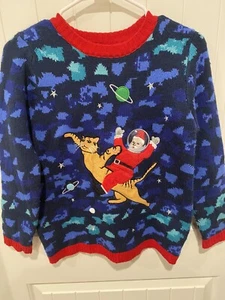 33 Degrees Santa riding cat outerspace ugly Christmas sweater holiday Women M - Picture 1 of 7