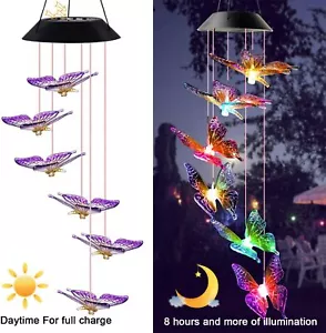 Solar Color Changing LED 6 Butterfly Wind Chimes Home Garden Patio Decor Light - Picture 1 of 12