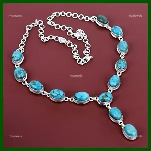 Oval Natural Tibetan Turquoise Sterling Silver Chain Unique New Necklace Jewelry - Picture 1 of 6