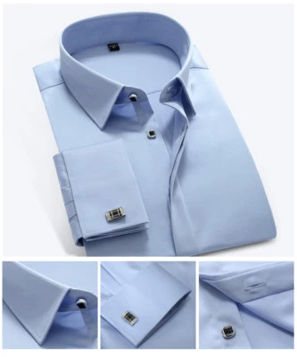 Camicie eleganti uomo lusso polsino francese con gemelli slim business camisas top - Immagine 1 di 4