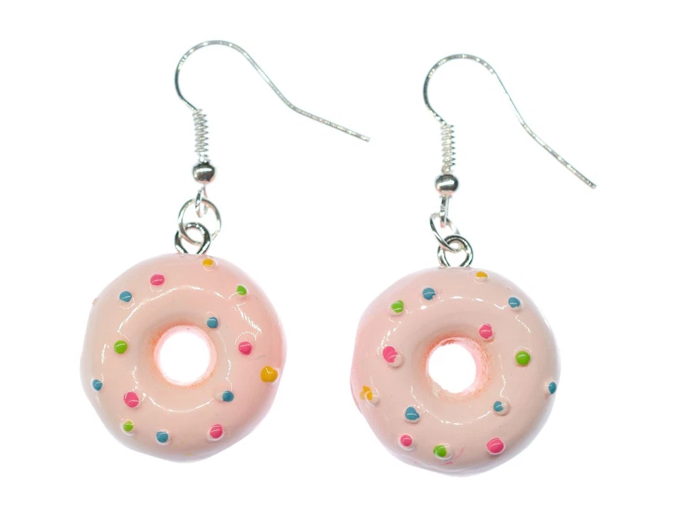 Ciambella Multicolore Orecchini Perle Pendenti Smalto Spruzza Fast Food USA 23mm - Immagine 1 di 4
