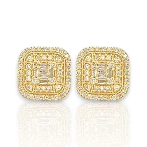 1.13ct Diamond Baguette and Round Stud Earrings - 14k Yellow Gold - Picture 1 of 2