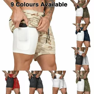 Mens Workout 2 in 1 Shorts 7" Running Gym Athletic Fitness Jogging Phone Pocket - Picture 1 of 21