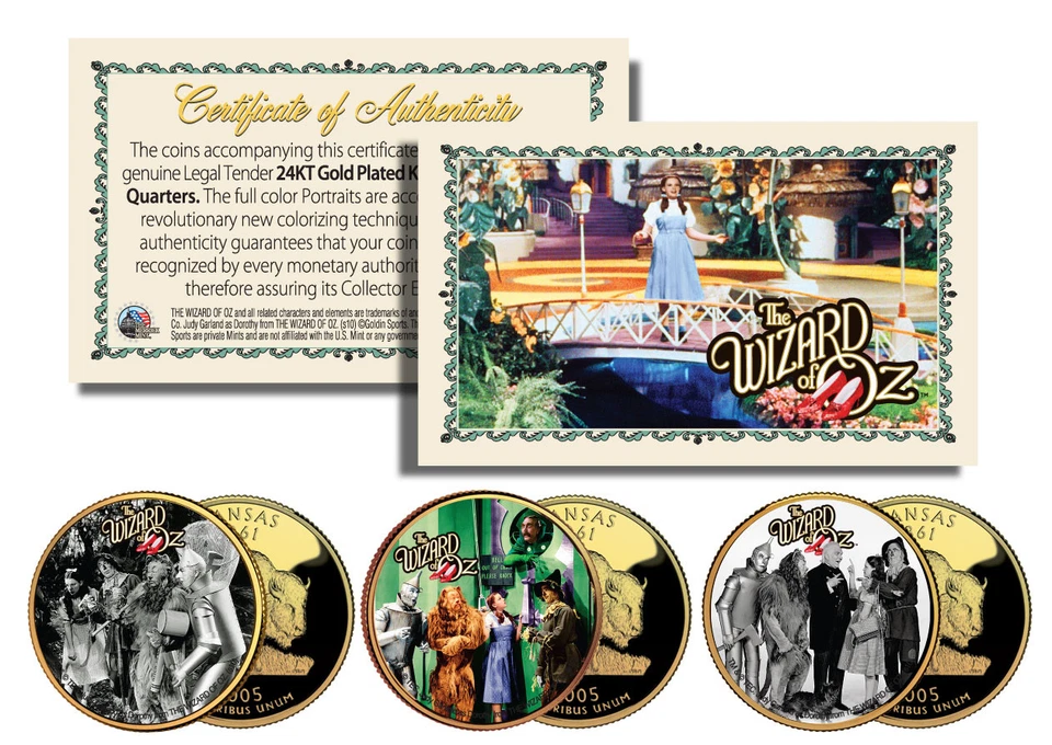 Wizard of Oz MOVIE SCENES Gold Plated Kansas State Quarter 3-Coin Set LICENSED - Image 1 of 1