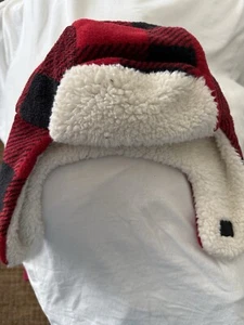 Boys L Trapper Hat Red Buffalo Check Plaid Sherpa Lined Ear Flap bin15 - Picture 1 of 4