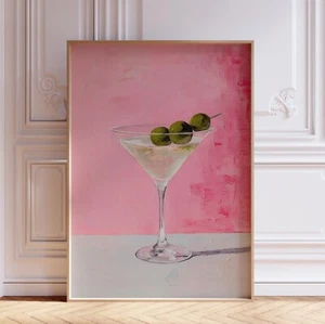 Watercolor Girly Pink Dirty Martini Cocktail Kitchen Bar Wall Art Print Poster - Picture 1 of 6