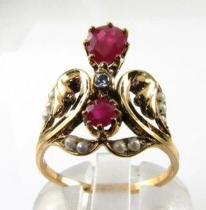 REGAL 9K 9CT GOLD DIAMOND RUBY PEARL ART DECO INS CROWN RING FREE RESIZE - Picture 1 of 6
