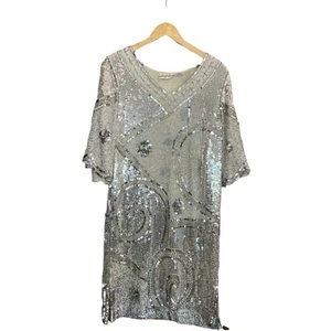 Vintage Silver Sequence Metamorphosis 100% Silk Party Retro Knee Length Dress - Picture 1 of 11