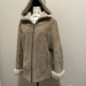 Jones New York Womens Tan Suede Hooded Fur Trim Full-Zip Jacket M - Picture 1 of 11