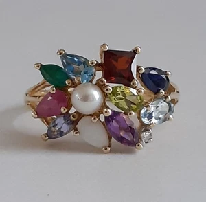 Super QVC 9ct Gold Natural Multi Gemstone Pearl & Diamond Ring Size O Gift π - Picture 1 of 22