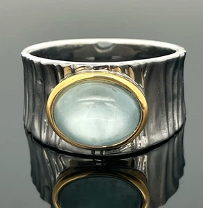 RING GR.19 (CA.60) AUS 925/ -SILBER RHOD./VERG. MIT  MILKY AQUAMARIN SCHMUCKJAGD - Bild 1 von 5