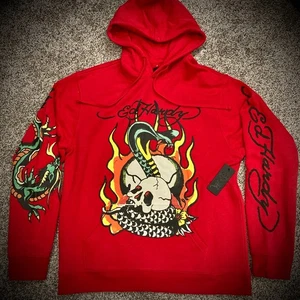 New ED HARDY SNAKE SKULL HOODIE Red Fire Dragon Sweatshirt FRONT&BACK Mens LARGE - Picture 1 of 6