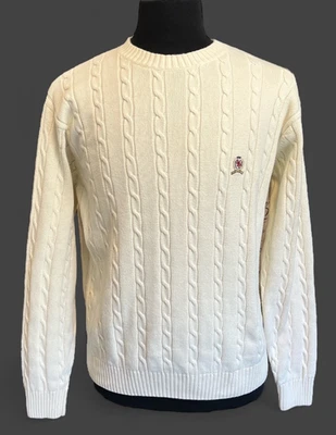 Tommy Hilfiger Sweater Ivory Cotton Cable Knit Crest Logo Men's M Preppy Y2K - Image 1 of 4