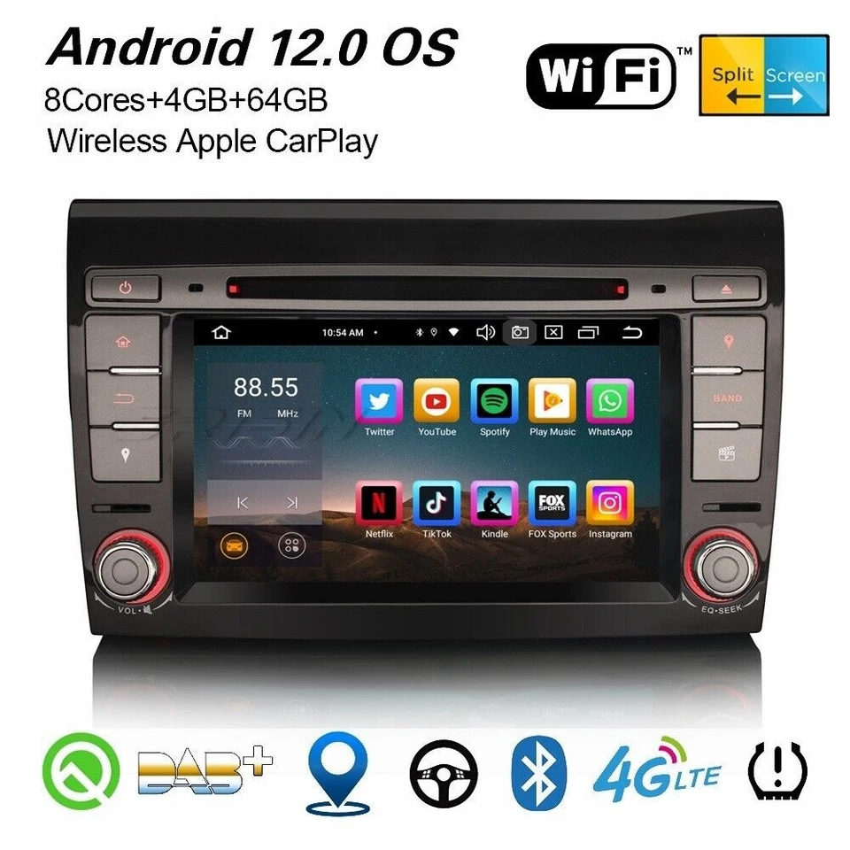64GB 8-Kern Android 14 Autoradio CarPlay WiFi Bluetooth 5.0 DAB+ Navi FIAT BRAVO - Bild 1 von 1