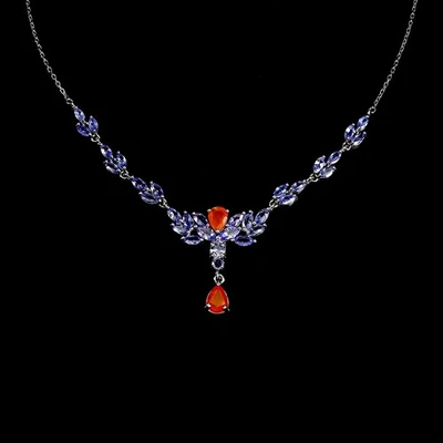 925 Argento Sterling Collana Pera Arancione Opale 7x5mm Tanzanite Naturale Gemma - Immagine 1 di 4