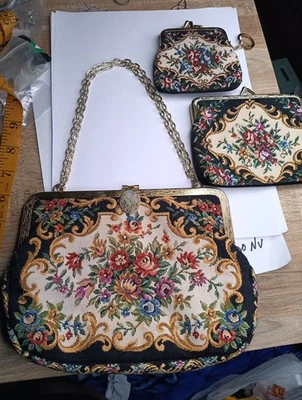 Vtg 1950's Handmade In Hongkong Floral Tapestry Gold 3 Piece Purse & Changepurse - Image 1 of 4