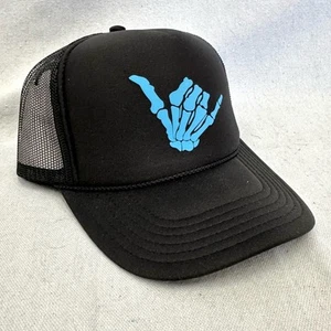 Otto black/blue skeleton hang loose Shaka graphic mesh trucker Snapback hat NWOT - Picture 1 of 14
