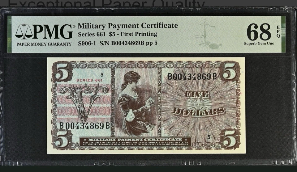 PMG 68 EPQ, TOP RATE!!!!!!!!! US MILITARY PAYMENT CERTIFICATE $5 FIRST PRINTING - Image 1 of 3