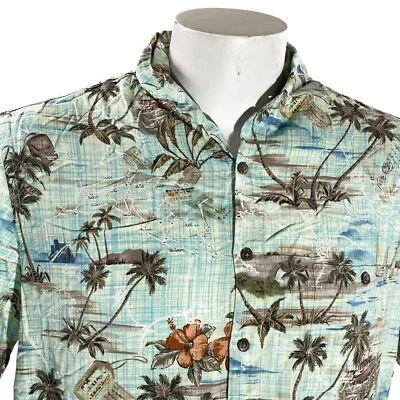 Campia Moda Hawaiian Shirt Large Floral Boats Palm Trees Hibiscus Pale Green - Image 1 of 4