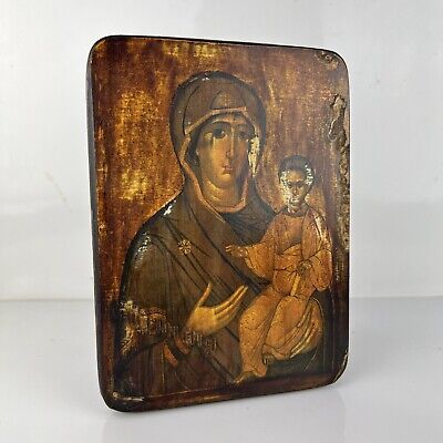 Icona Antica Bizantina Religiosa Sacra In Legno Tavola Madonna Con Bambino  • 74€