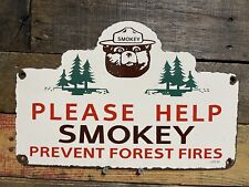 VINTAGE SMOKEY BEAR PORCELAIN SIGN 1956 PREVENT FOREST FIRES PARK RANGER GAS OIL