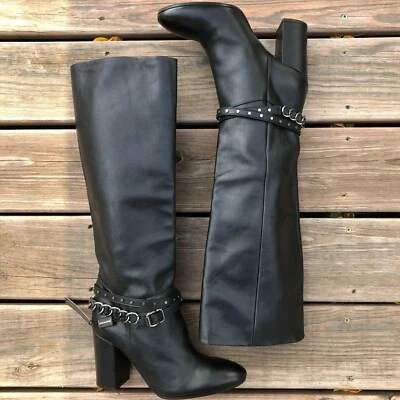 Mujeres NAPOLEONI Italia Cuero Botas Hasta la Rodilla Tachuelas Cadena Correa Talla 40 Foto 1 de 4