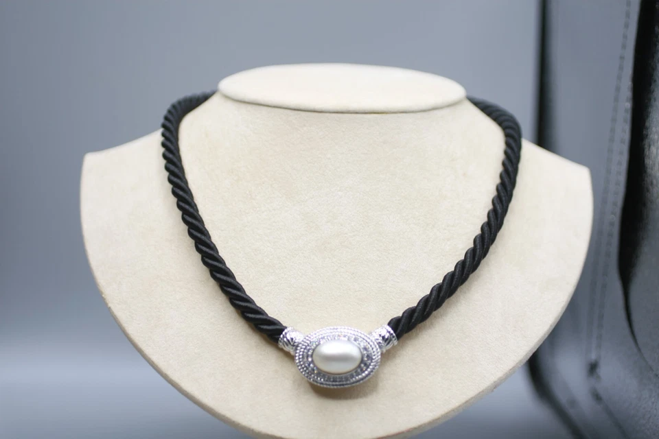 Gargantilla Judith Ripka colgante de perlas de plata de ley 925 cordón negro R11 Foto 1 de 4