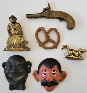 6 DIFF. OLD CAST BRASS IRON FIGURAL BEER ALE SODA POP BOTTLE CROWN OPENER TOOL