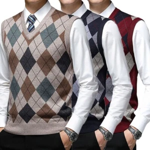 Men Knitted Vest Jacquard Argyle Sleeveless Sweater Pullover Jumper Tank Top - Picture 1 of 17