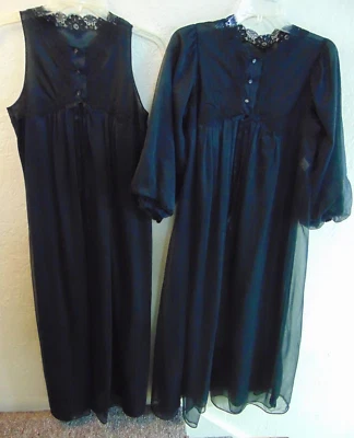 Vtg Gossard Artemis Double Chiffon Peignoir Nightgown & Robe Set S Black - Image 1 of 4