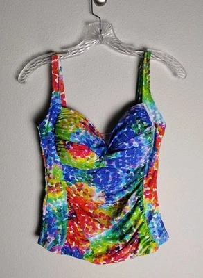 La Blanca Rainbow Polka Dot Pointillism Ruched Tankini Tank Top 10 - Image 1 of 3