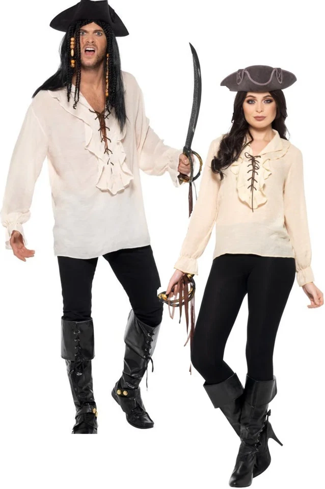 Camisa Pirata Adultos Piratas Camisa Con Cordones Marfil Vestido Elegante Hombres Damas Top Foto 1 de 2