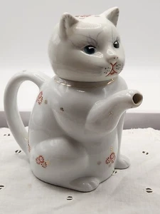 Vintage Teapot Cat Raised Paw Porcelain Hand Painted Gold Trim 5” - Picture 1 of 4
