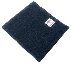Harris Tweed Navy Herringbone Scarf - Handmade Pure Wool, Unisex, Fringed - Picture 1 of 9