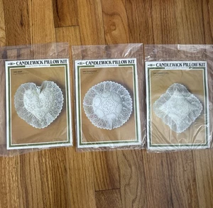 Candlewick Cross Stitch 3 Pillow Kits Lace Trim Heart, Circle, Diamond 7”x7” NOS - Picture 1 of 7