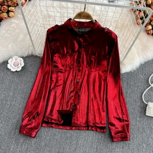 Women Metallic Color Shiny Shirt Blouse Top Casual Buttons Pockets Costume Chic - Picture 1 of 14