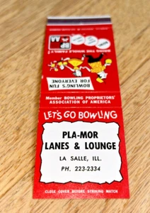 Vintage Streichholzheftchenhülle PLA-MOR LANES & LOUNGE Schüssel La Salle Illinois - Bild 1 von 3