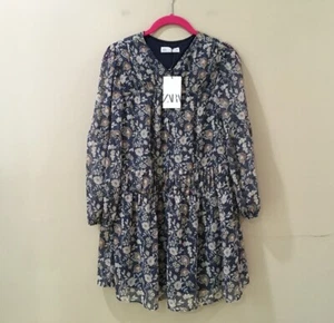 Zara Girls Kids Dress Size Us 13-14 Elastic Floral Blue Metallic New Nwt - Picture 1 of 5