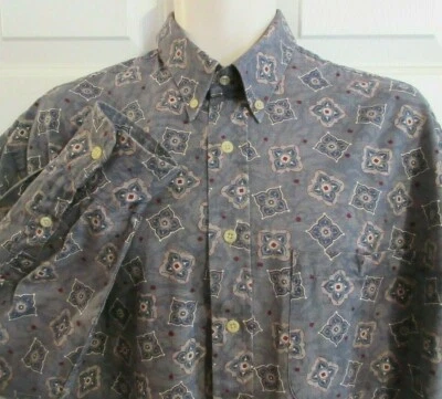 Camisa SEARS Vintage Para Hombre Grande Manga Larga Abotonada Floral Geométrica Azul Gris Foto 1 de 4