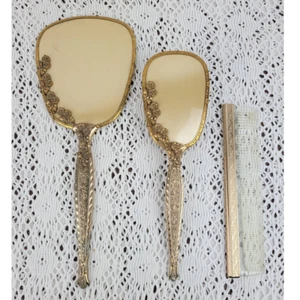 Vintage 1950s Gold Plated Floral Hair Brush Mirror & Comb Vanity 3 Piece Set - Picture 1 of 10