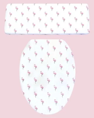 Juego de cubierta de asiento de inodoro y tapa del tanque decoración baño flamencos rosas sobre blanco Foto 1 de 3