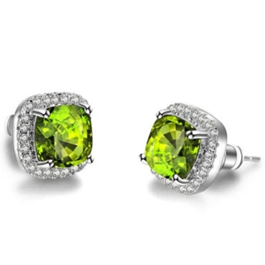 Woman Gorgeous Shiny Square Cut Olive Peridot Gemstone Silver Stud Hook Earrings - Picture 1 of 6