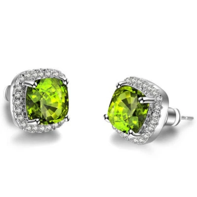 Женщина шикарный блестящий квадратной огранки оливковый перидот драгоценный камень серебро гвоздики крюк серьги - Изображение 1 из 4