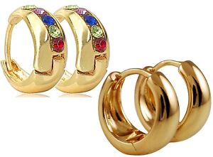 2Pairs Hoop Earrings , Gold Chunky Thick Hoop Huggie Earrings For Men Women