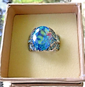 NOS Kirks Folly Butterfly Kisses  Aqua AB Crystal Ring - Size 6 - Silver Tone - Picture 1 of 13