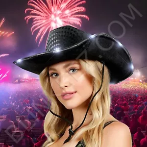 Cappello da Cowboy Light Up NERO, NERO Paillettes Cappello da Festa Lampeggiante Illumina Festa da Ballo - Foto 1 di 9