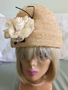 Vintage 1960s Pinkish Tan Tulle Women's Beehive Hat Turban Large Flower