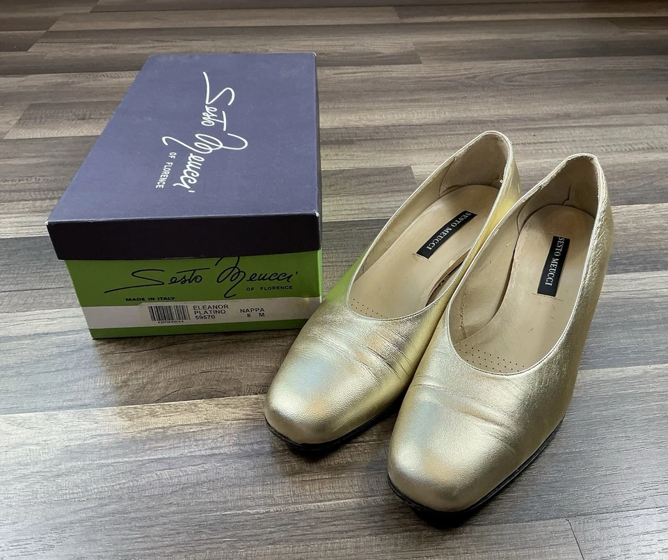 Zapatos de salón de cuero italianos Sesto Meucci vintage años 90 raros para mujer tacón espejo dorado talla 8M Foto 1 de 4