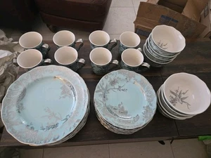 Set Of 33 222 Fifth Adelaide Turquoise & Silver Floral / Birds Dinner Set - Picture 1 of 11